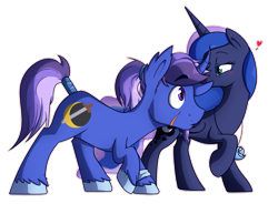 Size: 1024x754 | Tagged: safe, artist:nolycs, princess luna, oc, oc:azure night, alicorn, pony, azuna, bedroom eyes, canon x oc, cute, ear bite, heart, necklace, shipping