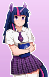 Size: 825x1275 | Tagged: safe, artist:ultraspank, twilight sparkle, human, book, clothes, cute, eared humanization, horned humanization, humanized, pleated skirt, skirt, socks, solo, tailed humanization, thigh highs, zettai ryouiki