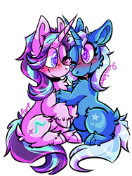 Size: 1536x2048 | Tagged: safe, artist:tailsdollterror, derpibooru import, starlight glimmer, trixie, pony, unicorn, blushing, cloven hooves, female, heart eyes, looking at each other, mare, one eye closed, simple background, sitting, smiling, transparent background, unshorn fetlocks, wingding eyes, wink