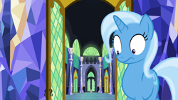 Size: 3840x2160 | Tagged: safe, derpibooru import, screencap, spike, trixie, dragon, pony, unicorn, all bottled up, castle, confused, cute, diatrixes, faic, female, looking down, male, mare, open door, solo focus, twilight's castle, when you see it