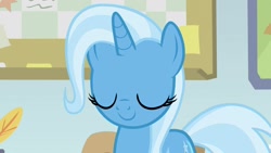 Size: 1920x1080 | Tagged: safe, derpibooru import, screencap, trixie, pony, unicorn, a horse shoe-in, cute, diatrixes, eyes closed, female, mare, smiling, solo