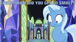 Size: 1222x685 | Tagged: safe, derpibooru import, edit, edited screencap, editor:undeadponysoldier, screencap, spike, trixie, dragon, pony, all bottled up, caption, castle, cute, diatrixes, female, image macro, male, mare, small, text