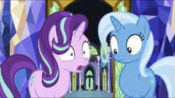 Size: 1334x750 | Tagged: safe, derpibooru import, screencap, spike, starlight glimmer, trixie, dragon, pony, unicorn, all bottled up, confused, female, looking down, mare, open mouth, shocked, shocked expression, shrunken pupils