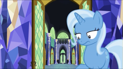 Size: 1334x750 | Tagged: safe, derpibooru import, screencap, spike, trixie, dragon, pony, unicorn, all bottled up, cute, diatrixes, faic, female, male, mare, raised hoof, trixie is not amused, unamused