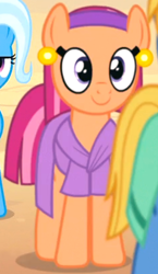 Size: 236x407 | Tagged: safe, derpibooru import, screencap, aroma hathor, mosiah, trixie, earth pony, pony, unicorn, road to friendship, clothes, cropped, cute, dress, ear clip, ear clips, female, headband, male, mare, smiling, solo focus, somnambula resident, stallion, when she smiles