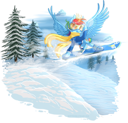 Size: 1399x1341 | Tagged: safe, artist:kittehkatbar, rainbow dash, pegasus, pony, clothes, goggles, scarf, simple background, snow, snowboard, solo, transparent background, winter