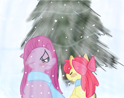 Size: 748x590 | Tagged: dead source, safe, artist:enigmaticfrustration, apple bloom, pinkie pie, earth pony, pony, clothes, duo, pinkamena diane pie, scarf, snow, tree