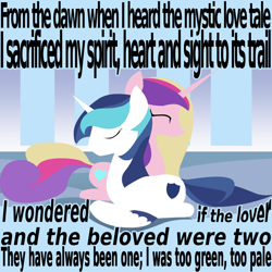 Size: 1024x1024 | Tagged: safe, artist:aaronmk, princess cadance, shining armor, alicorn, pony, unicorn, jalaal ad-din muhammad rumi, poem, text