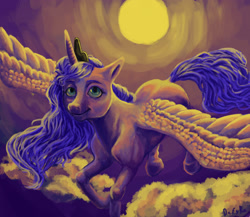 Size: 2300x2000 | Tagged: safe, artist:dafyra, princess luna, alicorn, pony, flying, moon, night, s1 luna, solo