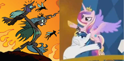 Size: 744x366 | Tagged: safe, idw, screencap, princess cadance, queen chrysalis, shining armor, alicorn, changeling, changeling queen, pony, unicorn, the crystal empire, spoiler:comic, spoiler:comicfiendshipismagic5, armpits, competition, epic changeling tossing, epic wife tossing, fastball special, female, horn crystals, male, mare, minion abuse, opposites, stallion, toss