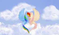 Size: 2500x1500 | Tagged: safe, artist:thelukestir, fluttershy, rainbow dash, pegasus, pony, female, flutterdash, lesbian, shipping, wingboner