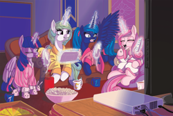 Size: 1024x683 | Tagged: safe, artist:princrim, princess cadance, princess celestia, princess luna, twilight sparkle, twilight sparkle (alicorn), alicorn, pony, :p, alicorn tetrarchy, angry, bunny slippers, clothes, controller, eating, female, magic, mare, nintendo, open mouth, pajamas, pizza, ponytail, popcorn, prone, robe, sitting, slippers, slumber party, sofa, spread wings, telekinesis, television, tongue out, wide eyes, wii remote, wii u, wii u touchpad, wink