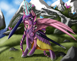 Size: 1625x1300 | Tagged: safe, artist:nalesia, princess cadance, alicorn, pony, alternate hairstyle, armor, braid, commission, crystal, glare, grass, magic, mountain, open mouth, raised hoof, river, snow, solo, spread wings, sword, telekinesis, warrior, warrior cadance, weapon