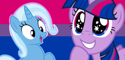 Size: 1023x497 | Tagged: safe, derpibooru import, edit, trixie, twilight sparkle, twilight sparkle (alicorn), alicorn, pony, bi twi, bilight sparkle, bisexual, bisexual pride flag, female, lesbian, pride, pride flag, shipping, starry eyes, twixie, wingding eyes