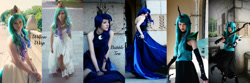 Size: 3400x1131 | Tagged: safe, artist:sewingintherain, princess celestia, princess luna, queen chrysalis, human, 2014, clothes, cosplay, crystal fair con, dress, irl, irl human, photo