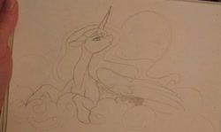 Size: 1280x764 | Tagged: safe, artist:skuttz, princess luna, alicorn, pony, floppy ears, monochrome, pencil drawing, solo, traditional art