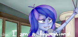 Size: 630x303 | Tagged: safe, artist:fluffyrainbowkitty, princess luna, vice principal luna, equestria girls, friendship games, blooper, friendship games bloopers, humanized, scene interpretation, solo, spoonerism