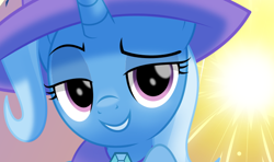 Size: 628x371 | Tagged: safe, artist:jhayarr23, derpibooru import, trixie, pony, unicorn, cape, clothes, female, fireworks, hat, lidded eyes, looking at you, mare, raised eyebrow, smiling, solo, trixie's cape, trixie's hat