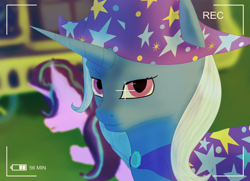 Size: 2360x1712 | Tagged: safe, artist:aterhut, derpibooru import, starlight glimmer, trixie, pony, unicorn, camera shot, cape, clothes, duo, female, hat, looking at you, mare, trixie's cape, trixie's hat, trixie's wagon