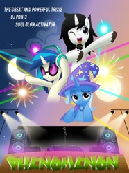 Size: 800x1074 | Tagged: safe, artist:jhayarr23, derpibooru import, dj pon-3, trixie, vinyl scratch, oc, pony, microphone, palindrome get, poster