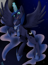 Size: 1200x1600 | Tagged: safe, artist:jlkatlass, princess luna, alicorn, pony, flying, magic, solo