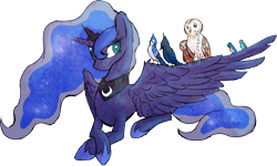 Size: 2622x1570 | Tagged: safe, artist:amura-of-jupiter, princess luna, alicorn, bird, blue jay, owl, pony, prone, simple background, solo, spread wings, transparent background