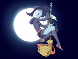 Size: 992x752 | Tagged: safe, artist:vinilyart, derpibooru import, trixie, equestria girls, broom, clothes, cosplay, costume, flying, flying broomstick, hat, little witch academia, moon, solo, witch hat