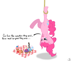 Size: 2978x2552 | Tagged: safe, artist:falleninthedark, pinkie pie, earth pony, pony, cupcake, high res, hung upside down, snare trap, solo, trap (device), trapped, upside down