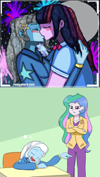 Size: 472x829 | Tagged: safe, artist:mew-me, artist:takrontoxicity, derpibooru import, edit, princess celestia, principal celestia, trixie, twilight sparkle, equestria girls, female, lesbian, meme, shipping, trixie's dream, twixie