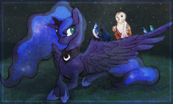 Size: 2000x1198 | Tagged: safe, artist:amura-of-jupiter, princess luna, alicorn, bird, blue jay, owl, pony, night, prone, solo, spread wings