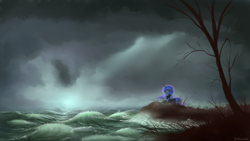 Size: 1920x1080 | Tagged: dead source, safe, artist:shamanguli, princess luna, alicorn, pony, scenery, solo, storm, water, wave