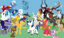 Size: 2500x1500 | Tagged: safe, ahuizotl, big macintosh, braeburn, bulk biceps, button mash, carrot cake, discord, doctor whooves, double diamond, fancypants, flash sentry, fluffy clouds, garble, gustave le grande, king sombra, lord tirek, open skies, party favor, rumble, shining armor, soarin', spike, thunderlane, trouble shoes, centaur, draconequus, dragon, earth pony, griffon, pegasus, pony, unicorn, armor, colt, crystal guard, crystal guard armor, drake, male, night guard, royal guard, stallion