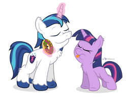 Size: 1080x840 | Tagged: safe, artist:dm29, shining armor, twilight sparkle, pony, unicorn, donut, duo, filly, fuzznums, simple background, teasing, transparent background