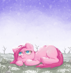 Size: 679x698 | Tagged: safe, artist:bikkisu, pinkie pie, earth pony, pony, pinkamena diane pie, rock farm, snow, snowfall