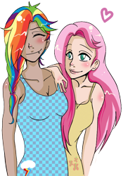 Size: 576x823 | Tagged: safe, artist:amiredo, fluttershy, rainbow dash, cleavage, clothes, dress, female, flutterdash, humanized, lesbian, shipping