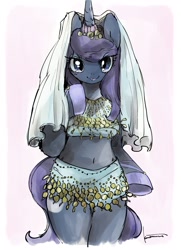 Size: 1024x1418 | Tagged: safe, artist:kuzumori, princess luna, anthro, belly button, belly dancer, bikini, bipedal, clothes, cosplay, costume, fursuit, horn jewelry, jewelry, midriff, skimpy, solo, swimsuit, veil