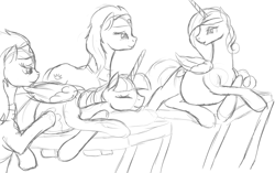 Size: 1898x1191 | Tagged: safe, artist:patch, aloe, lotus blossom, princess cadance, twilight sparkle, twilight sparkle (alicorn), alicorn, pony, bedroom eyes, belly, bellyrubs, eyes closed, female, mama twilight, mare, massage, monochrome, oil, pregnant, prone, sketch, smiling