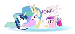 Size: 1200x550 | Tagged: safe, artist:dm29, princess cadance, princess celestia, shining armor, alicorn, duck pony, pony, unicorn, auntlestia, behaving like a bird, dialogue, eye contact, female, frown, glare, gooselestia, hiding, honk, looking at each other, male, mare, momlestia, open mouth, overprotective, simple background, spread wings, stallion, swanlestia, swimming, teen princess cadance, transparent background, trio, trollestia, water, wavy mouth, wide eyes, wings