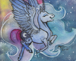 Size: 1024x821 | Tagged: safe, artist:sagastuff94, princess luna, alicorn, classical unicorn, pony, cloven hooves, eyes closed, flying, leonine tail, solo, spread wings, traditional art, unshorn fetlocks, watercolor painting