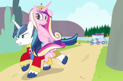 Size: 1120x740 | Tagged: safe, artist:dm29, princess cadance, shining armor, alicorn, pony, unicorn, carriage, duo, galloping, ponies riding ponies, riding, royal guard, running