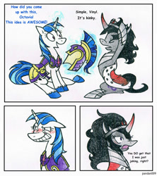 Size: 600x676 | Tagged: safe, artist:pandan009, dj pon-3, king sombra, octavia melody, shining armor, vinyl scratch, earth pony, pony, unicorn, blushing, clothes, comic, cosplay, traditional art