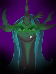 Size: 900x1200 | Tagged: safe, artist:cristalshy, queen chrysalis, changeling, changeling queen, female, glowing eyes, looking at you, magic, smiling, solo