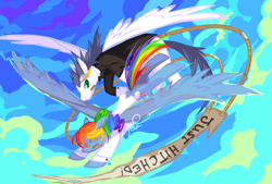 Size: 1509x1019 | Tagged: safe, artist:thewhiterook, rainbow dash, soarin', pegasus, pony, female, flying, male, shipping, soarindash, straight