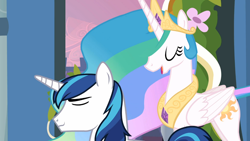 Size: 1366x768 | Tagged: safe, screencap, princess celestia, shining armor, alicorn, pony, unicorn, a canterlot wedding, female