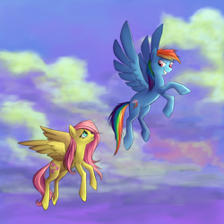 Size: 1728x1728 | Tagged: safe, artist:essidi, fluttershy, rainbow dash, pegasus, pony, blue coat, female, mare, multicolored mane, pink mane, wings, yellow coat