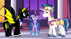 Size: 7802x4307 | Tagged: safe, artist:crisostomo-ibarra, shining armor, twilight sparkle, twilight sparkle (alicorn), oc, oc:astrowolf, alicorn, bat pony, pony, unicorn, the best night ever, absurd resolution, alicorn oc, alternate hairstyle, armor, bowtie, clothes, donut steel, dress, edgy, eye contact, floppy ears, frown, gala dress, glare, open mouth, poe's law, punklight sparkle, royal guard armor, spread wings, suit, wide eyes