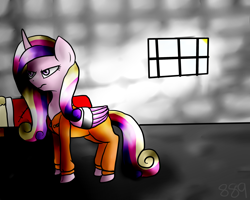 Size: 2500x2000 | Tagged: safe, artist:cooolgirl889, princess cadance, alicorn, pony, angry, bound wings, clothes, prison, prison outfit, prisoner, solo, sun, sunlight