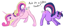 Size: 1828x793 | Tagged: safe, artist:patch, artist:twizzle, princess cadance, twilight sparkle, alicorn, pony, belly, butt shake, color, colored, face down ass up, looking back, mama twilight, open mouth, pregnant, raised tail, smiling, sunshine sunshine, update