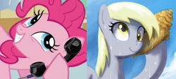 Size: 680x308 | Tagged: safe, derpy hooves, pinkie pie, pegasus, pony, conch, exploitable meme, female, mare, meme, phone meme, shell