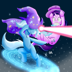 Size: 1000x1000 | Tagged: safe, artist:hyubran, derpibooru import, starlight glimmer, trixie, pony, unicorn, blast, cape, clothes, cutie mark, hat, magic, magic beam, magic blast, trixie's cape, trixie's hat